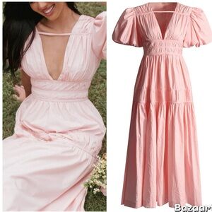 Petal & Pup Joedy Puff Sleeve Midi Dress- Pale Pink XS